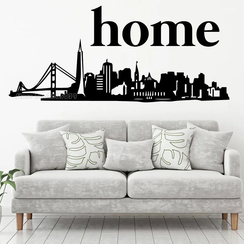 San Francisco Skyline Vinyl Wall Art Decal With 'Home' Lettering Wall Stickers Gate Bridge Silhouette Living Room Decor LL2431