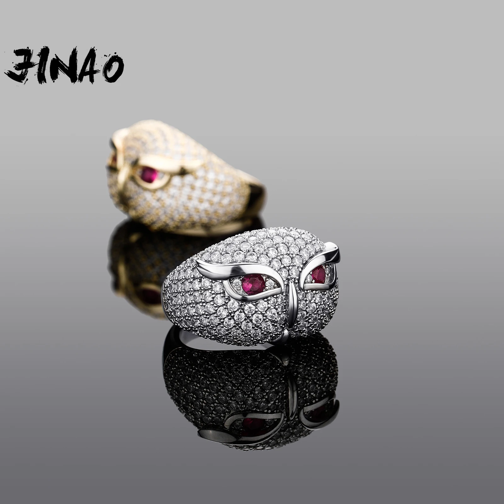 

JINAO 2021 NEW Owl Ring With Reddish Gems High Quality Personality Iced Out AAA+ CZ Men and Women Jewelry For Gift