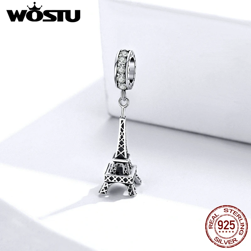 WOSTU Authentic 925 Sterling Silver Eiffel Tower Charms Zircon Openwork Beads Fit Original Bracelet Pendant Jewelry CTC154