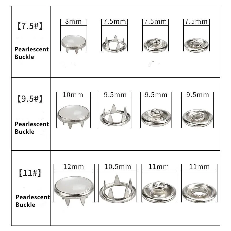 50sets(4pcs 1set) 9.5/11mm Sliver Metal Pearl Prong Snap Buttons Press Studs Fasteners Baby Romper Buckle Button for Clothes Sew