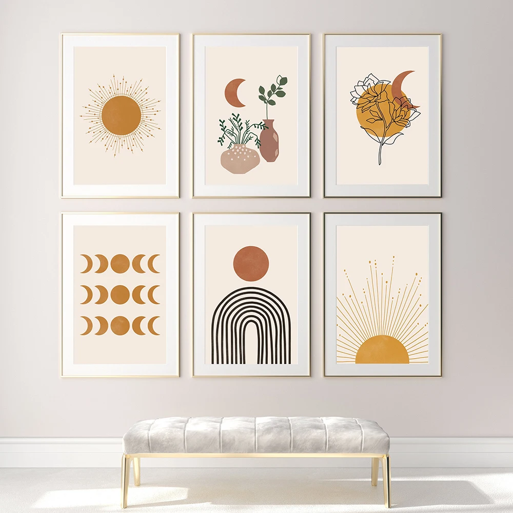 

Abstract Floral Boho Sun Line Moon Phases Minimalist Canvas Painting Poster Print Wall Art Pictures Living Room Interior Decor