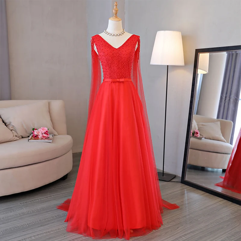 O130 Pearls Red Pink Navy Blue Evening Dresses Women Sexy V-Neck Full Lace Up Prom Wedding Party Dress Girls Luxury Formal Gown