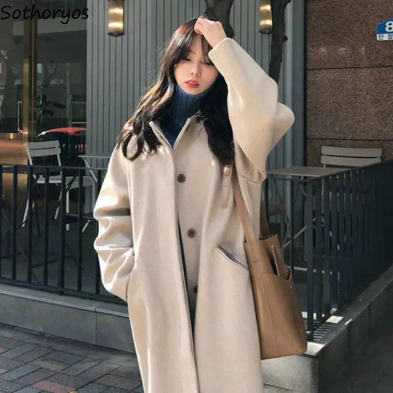 

Wool Blends Women Solid Long Winter Thicker Single Breast Womens Elegant Ulzzang Fashion Casual Overcoats Retro Coats Chic Ins