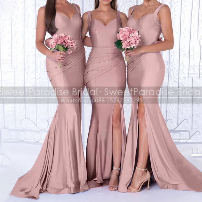 Rose Pink Trumpet Bridesmaid Dresses With Side Split Spaghetti Pleat Mermaid Long Maid Of Honor Dress Party