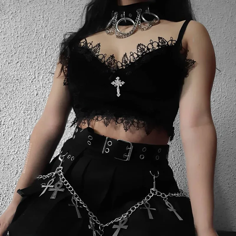 

Velvet Y2K Mall Goth Crop Tops Black Lace Trim Emo Alternative Aesthetic Crop Tops Women Backless Sexy Strap Tanks
