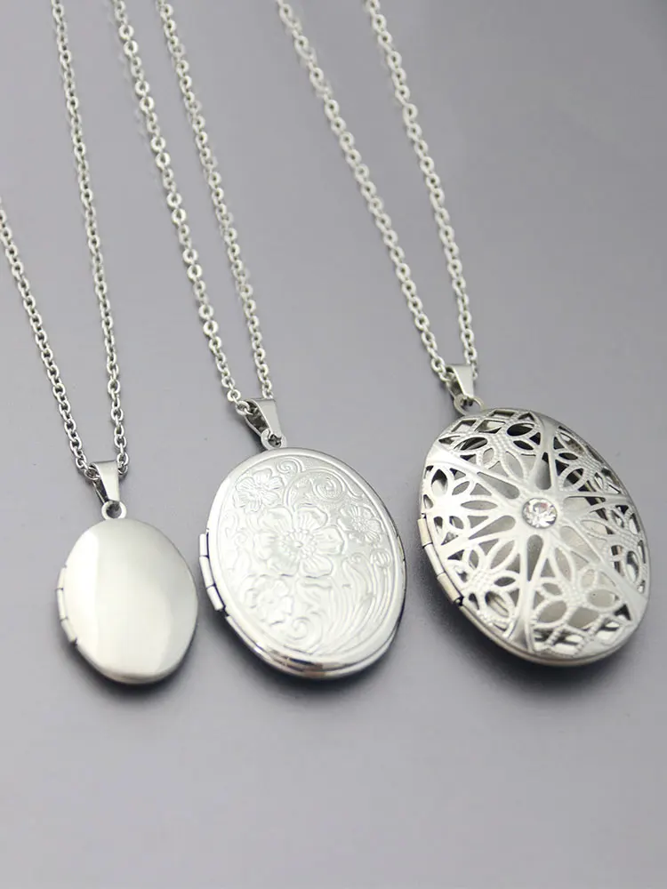 1Set Oval Lotus Flower Shell Photo Frame Stainless Steel Necklace Floating Locket Charm Necklaces Women Men Memorial Jewelry