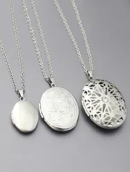 1Set Oval Lotus Flower Shell Photo Frame Stainless Steel Necklace Floating Locket Charm Necklaces Women Men Memorial Jewelry