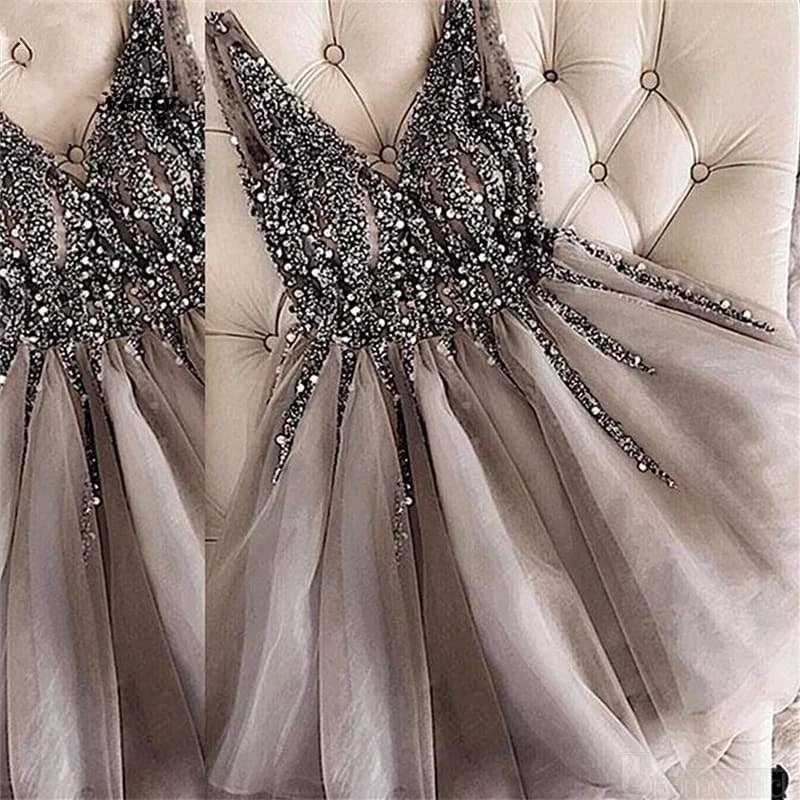 

ANGELSBRIDEP V-Neck Homecoming Dresses Vestidos De Festa Sparkly Beaded Tulle Short Graduation Formal Prom Party Gowns Hot Sale