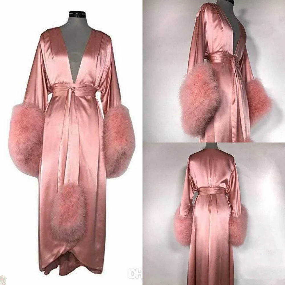 Women's Bathrobe Fur Full Length Pink Nightgown Pajamas Sleepwear Lingerie Women's Occasions Gowns Housecoat Nightwear Shawls