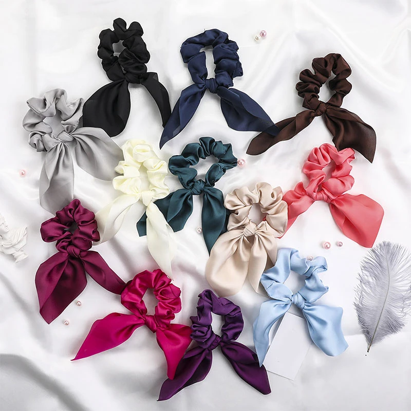 Satin Rabbit Ears Candy Color Hair Scrunchie Bows Ponytail Holder Hairband Bow Knot Scrunchy Girls Hair Ties Hair Accessories