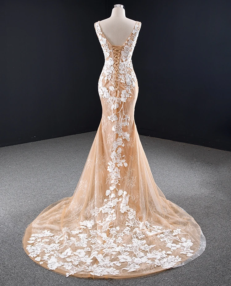 Robe de mariée sans manches, couleur ivoire, dentelle, dos lacé, sirène, traine, couleur Champagne, 2021