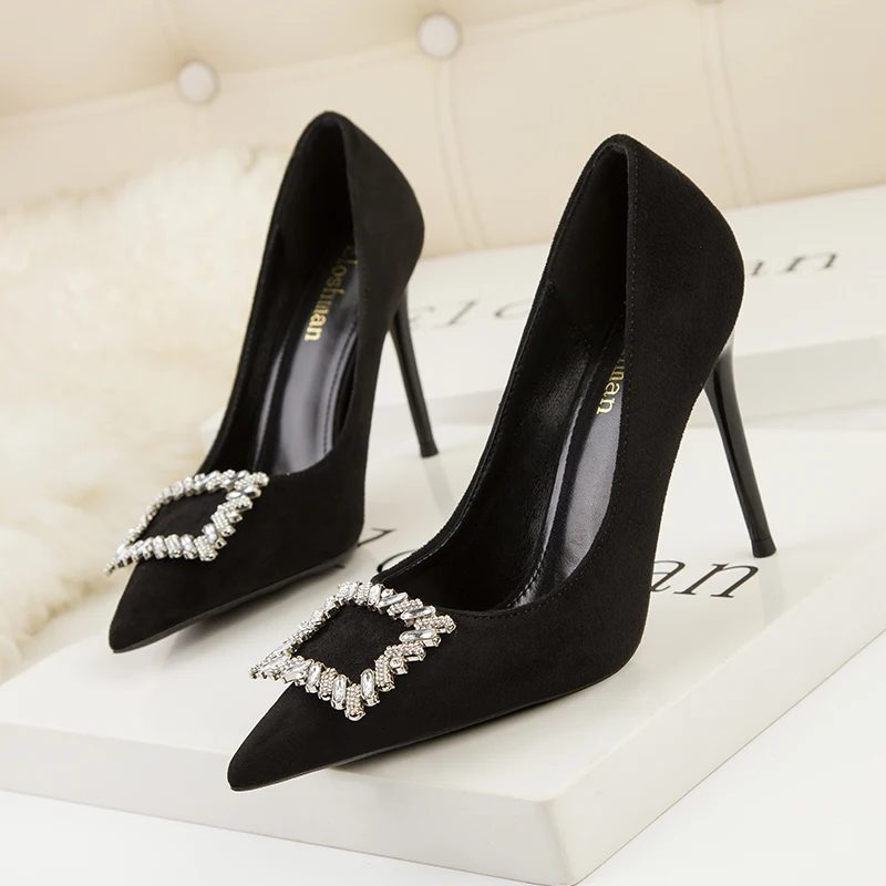 Sexy Korean Suede Women Pumps New Elegant Crystal Metal Buckle Women's High Heel Shoes Autumn Shallow Dress Office Shoe