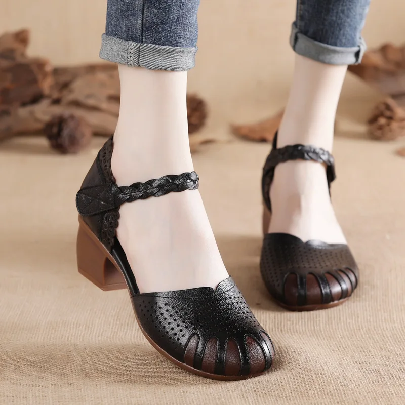 Cow Leather And Tendon Bottom Women\'s Sandals Ethnic Style Round Toe Breathable Hole Shoes Soft Bottom Thick Heel Dancing Shoes