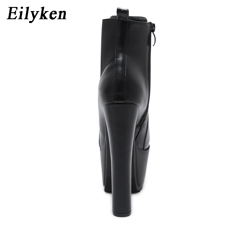 Eilyken inverno plataforma de salto alto botas de tornozelo feminino preto couro do plutônio dedo do pé redondo zíper sapatos femininos designer