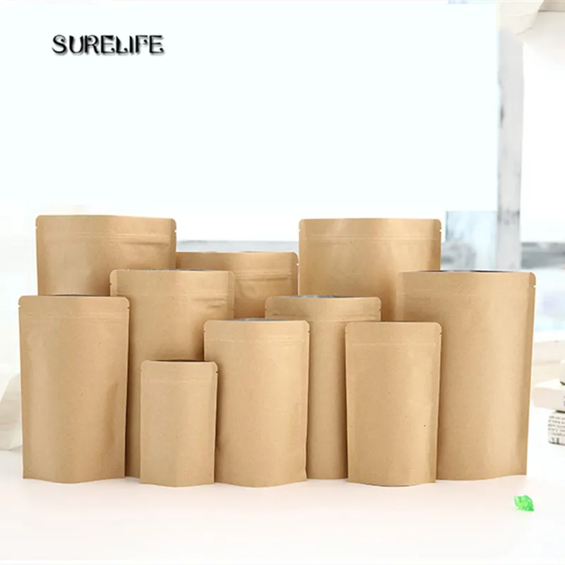 100pcs High Barrier Stand Up Kraft Paper  Zipper Coffee Pouch Bag, Zip Lock Food Gift Cookie Baking Packaging Paper Bags