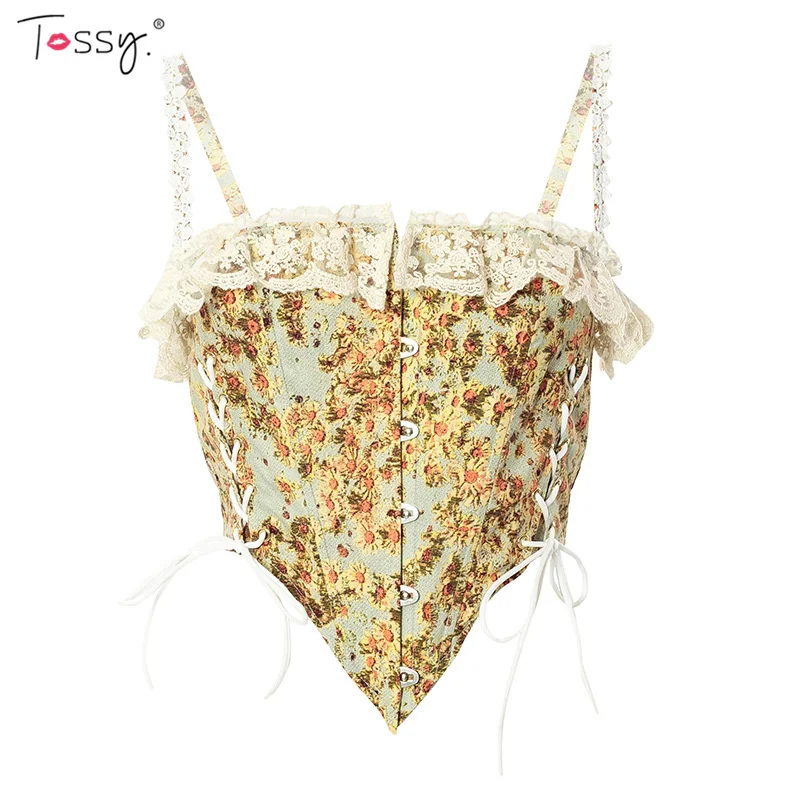 Tossy Floral Printed Lace Vintage Spaghetti Corsets Women Wrap Design Girdle Body Shaper Belly Top Waist Slim Belt Accessories