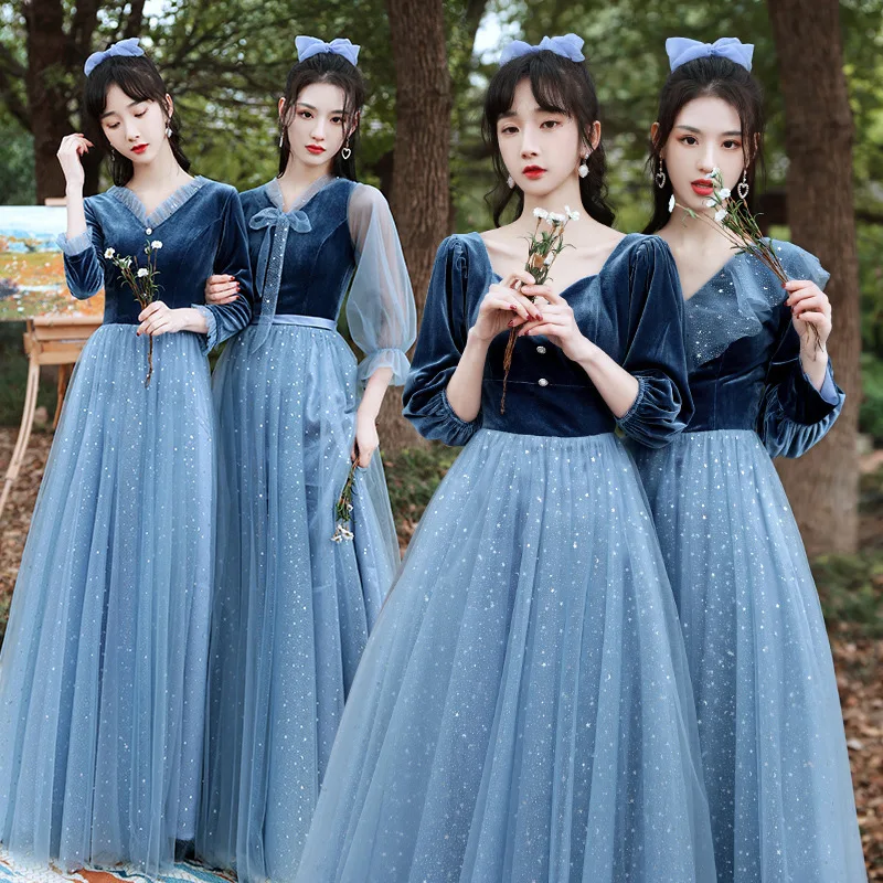 Customized Sweet Memory J189 Vintage Dresses Blue Pink Tulle Velvet Bridesmaid Dress 2021 Wedding Gown For Women Formal Robes