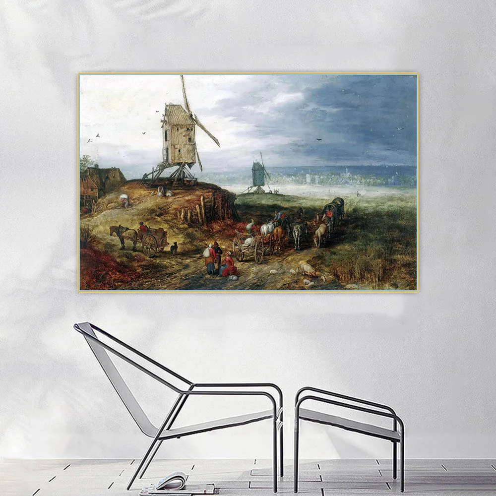 Bruegel Pieter - Landscape with two windmills Canvas Art Oil Painting Aesthetics Picture Wall Decorative Decor Home Decoration