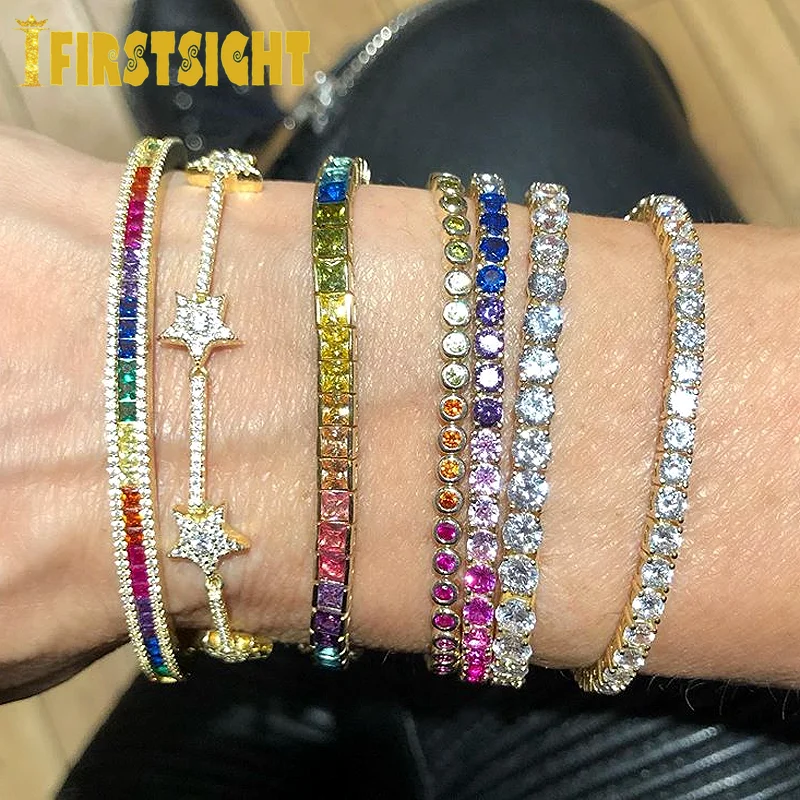 New Shiny Cz Fine Bracelet Rainbow Colorful Square Cz Tennis Chain Gorgeous Trendy Full Cubic Zirconia Bangle Fashion Jewelry
