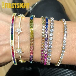 New Shiny Cz Fine Bracelet Rainbow Colorful Square Cz Tennis Chain Gorgeous Trendy Full Cubic Zirconia Bangle Fashion Jewelry