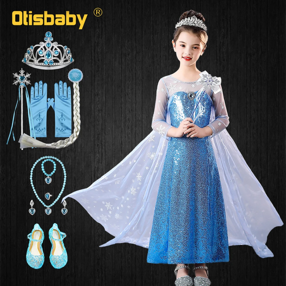 חג המולד בנות אלזה שמלת מסיבת כחול פאייטים שמלות עבור בנות פתית שלג פיות שמלות שלג מלכת נסיכת שמלה עם זנב ארוך