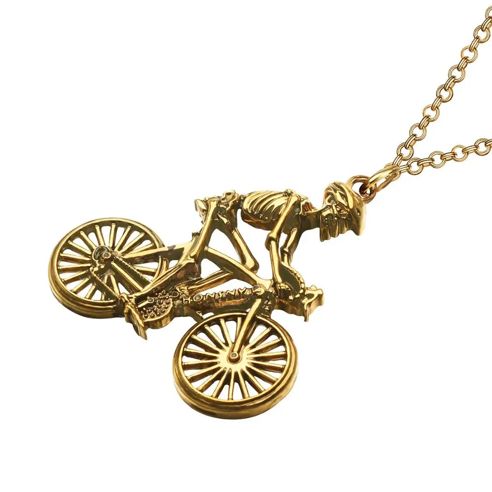 Bonsny Halloween Alloy Antique Gold Plated Skull Bicycle Necklace Bike Skeleton Pendant Jewelry For Women Girls Kid Classic Gift