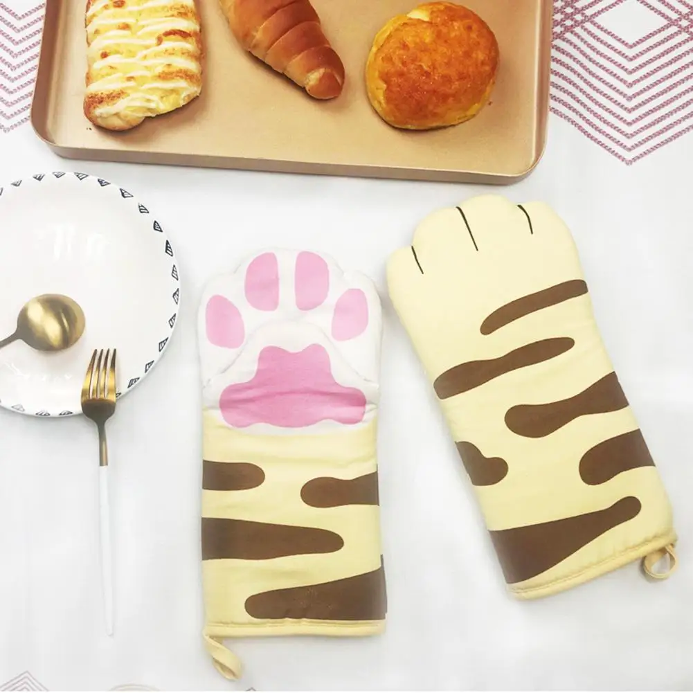 1pcs 3D Cartoon Cat Paws Oven Mitts Long Cotton Baking Insulation Gloves Microwave Heat Resistant Non-slip Kitchen Gloves Tool