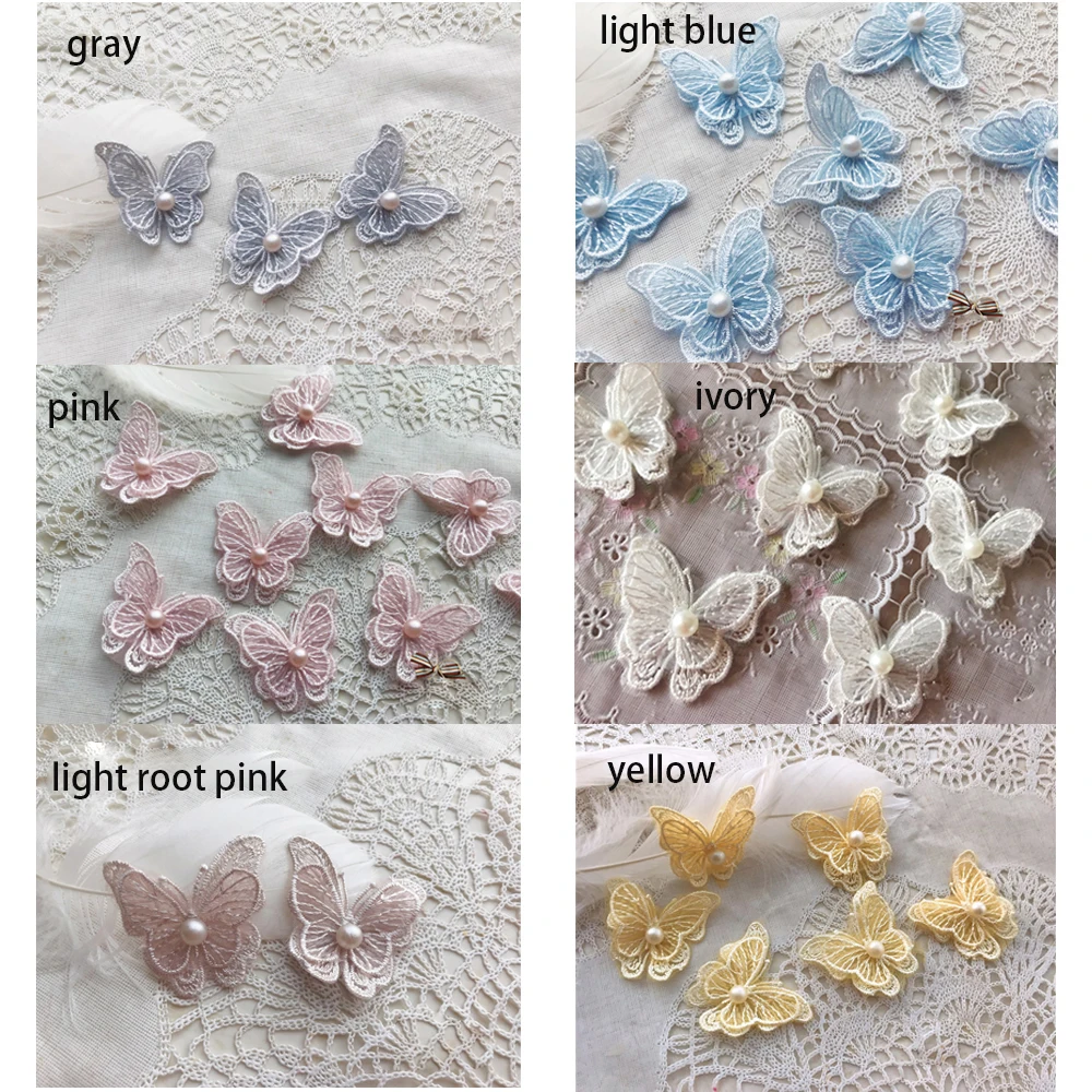 

Butterfly Patches 20pcs Light Root Pink Yellow Ivory Gray Blue 3D Beaded Organza Embroidery Lace Appliques 4.5*4.8cm L14C1