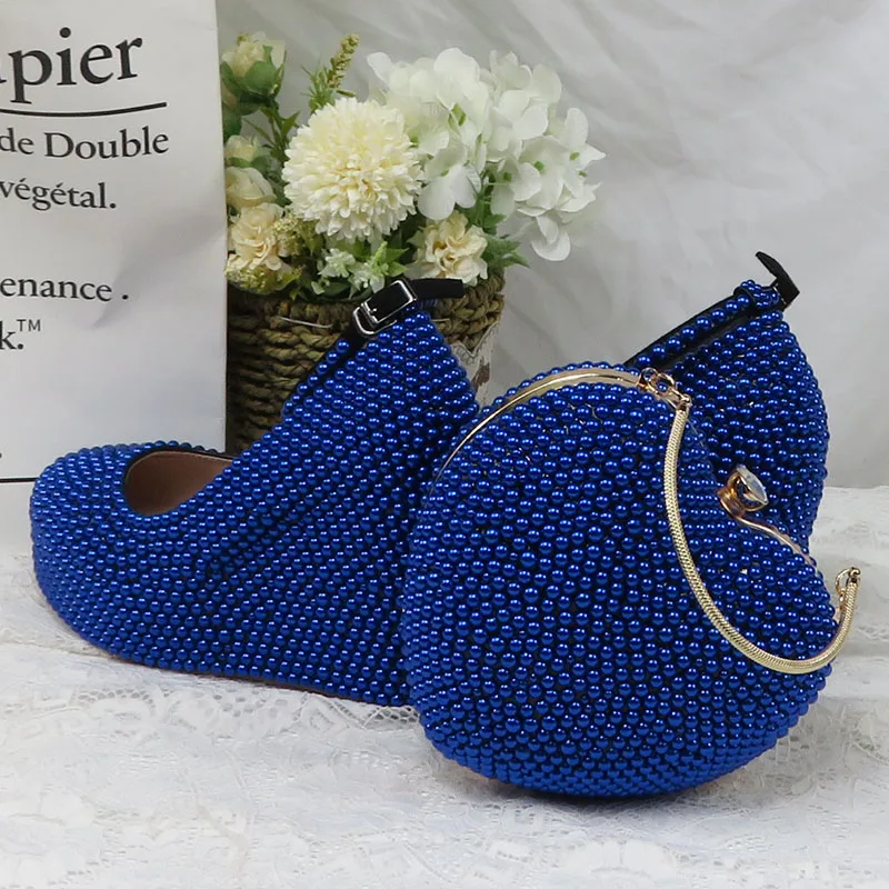 BaoYaFang Royal Blue Pearl Ankle Strap Wedding shoes and bags platform shoes Wedges Woman Pumps High Shoes Buckle Round Toe