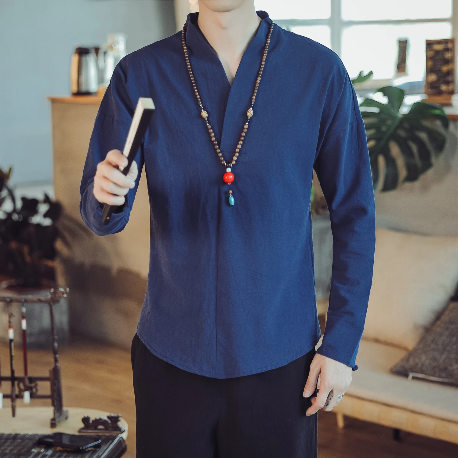 남성용 M-5XL 무지 색상 긴팔 블라우스, V넥 전통 중국 의류, 남성 셔츠, XXXXXL, 가을