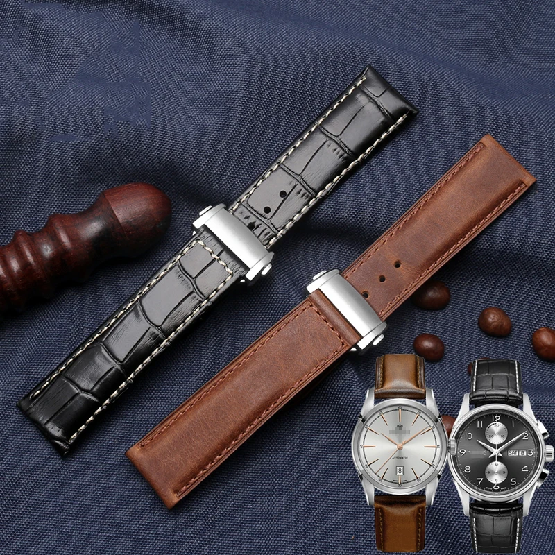 Cowhide Leather Watchband 20mm 22mm Black Brown Strap Folding Buckle For Hamilton Khaki Aviation Classic Series Men's Bracelet