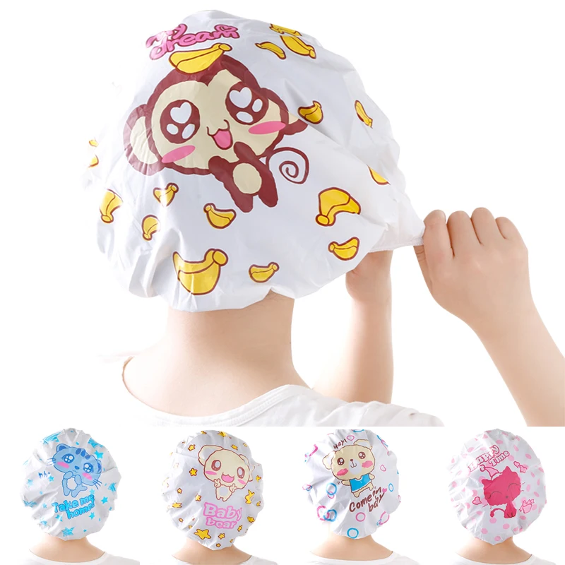 XZJJA Bathroom Cartoon Waterproof Bath Cap Douche Cap Elastic Band Shower Hat For Women Hair Protective Cosmetic Cap