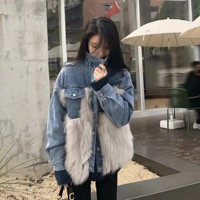 Female Winter cowboy Fake fur coat Casual Outerwear Loose plus size Thick Warm Denim Jacket Women Fake fur overcoat