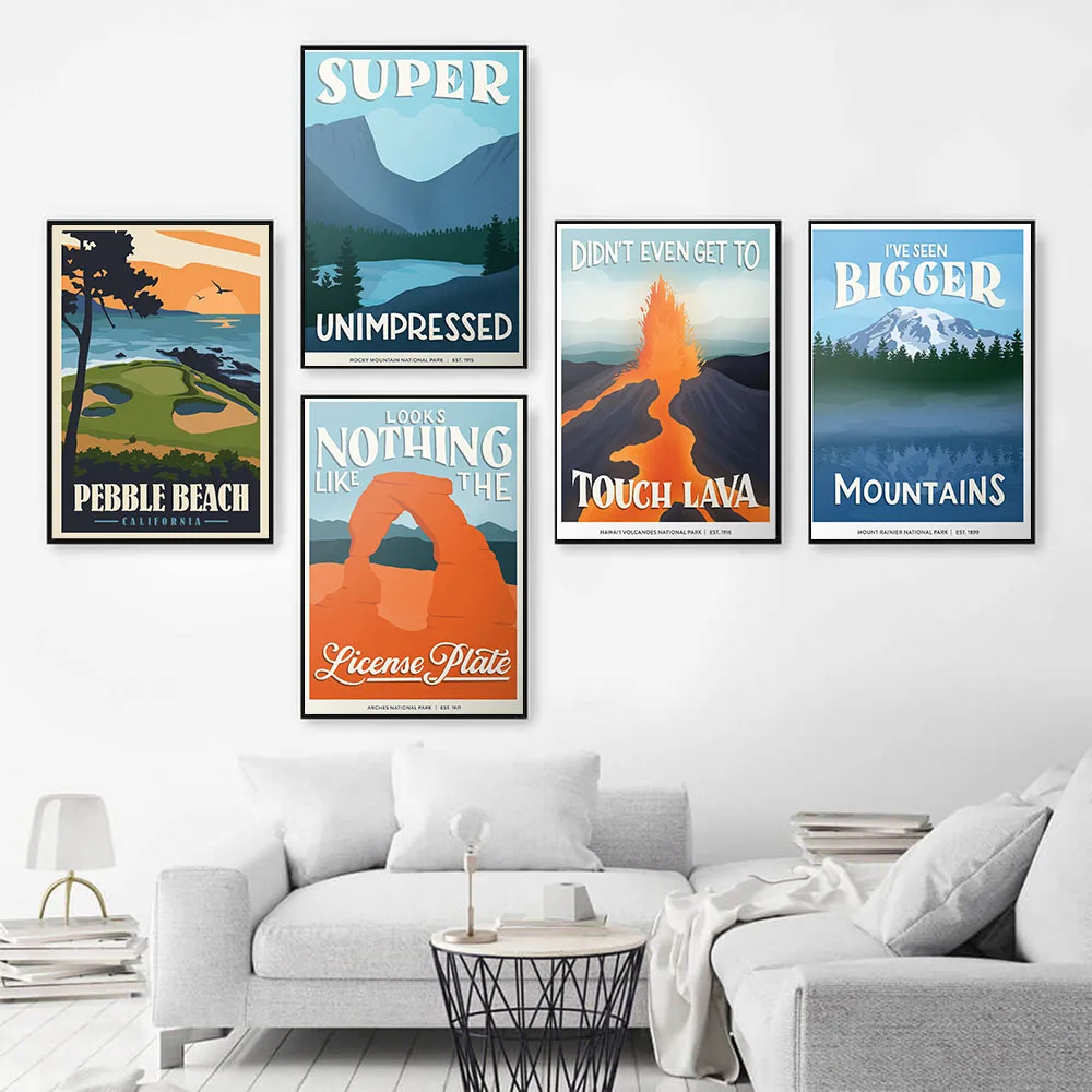 Nordic Canvas Painting Hawaii Volcanoes Rocky Mountain California Golf Vintage National Park Landscape Poster Wall Art Picture