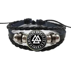 Słowiańska norwegia Valknut Pagan Amulet bransoletka Odin Nordic Rune Symbol szkło Art Amulet skórzana bransoletka Viking biżuteria