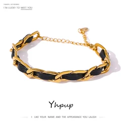 Yhpup Trendy Leather Chain Bracelet Jewelry Stainless Steel Metal Texture 18 K Statement for Women Bijoux Femme Fashion Men New