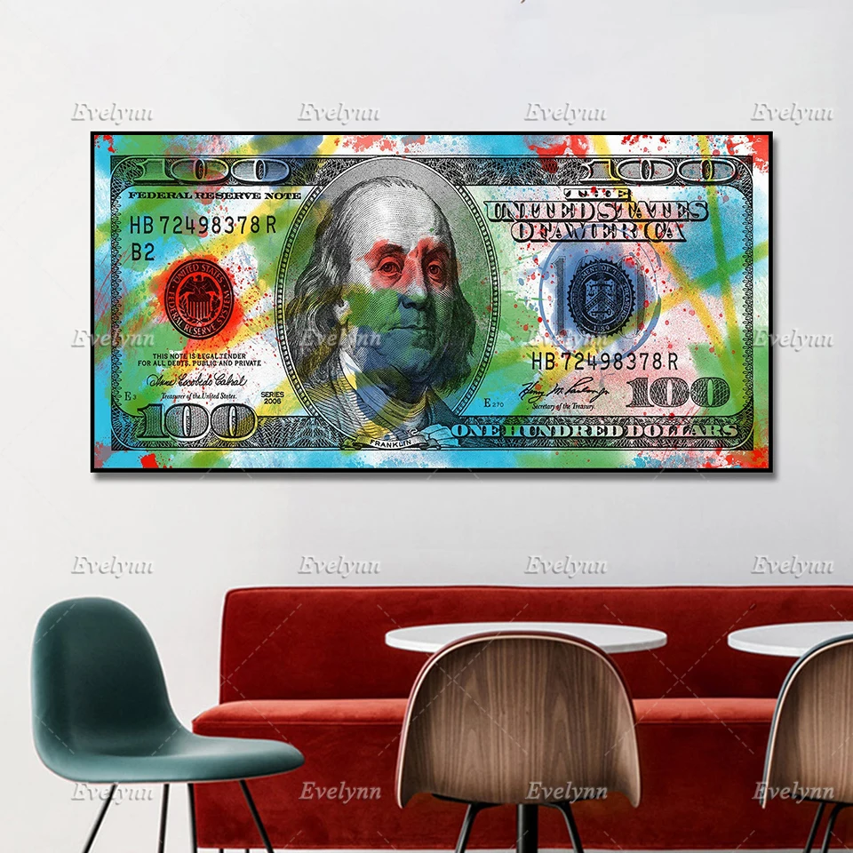 Colorful 100 Dollar Bill Money Wall Decor Print Colorful Wall Art Money Poster Benjamin Franklin Dollar Bill Canvas Home Decor