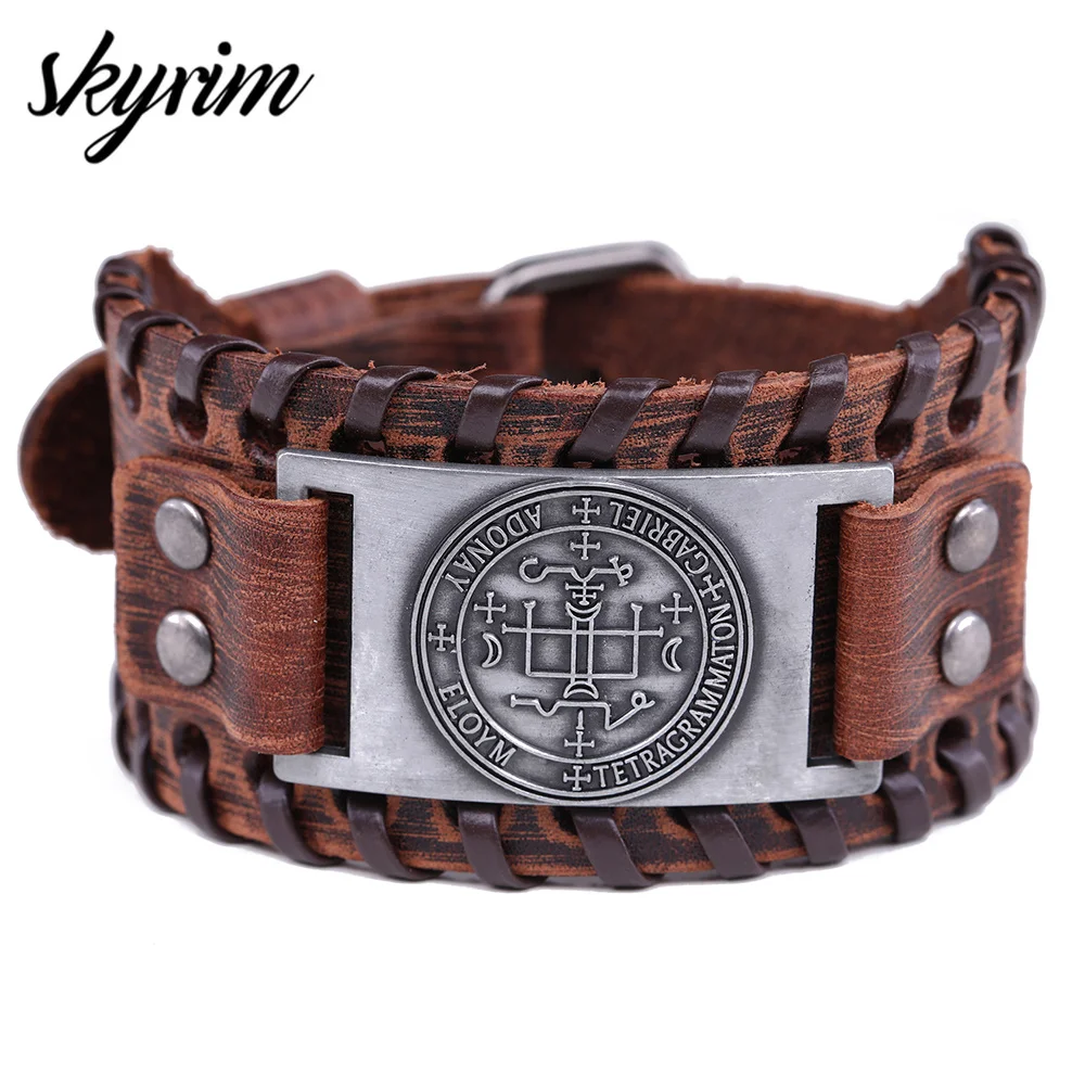 Skyrim Sigil of Archangel Wide Leather Bracelet Michael Raphael Talisman Vintage Angel Gothic Power Bangles Man Jewelry