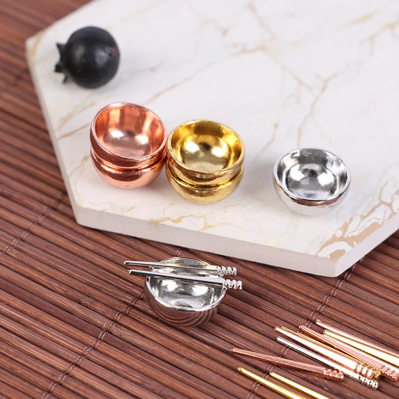 1 Set Dollhouse Miniature Accessories Mini Metal Bowl Chopsticks Set Simulation Kitchen Tableware Model Toys