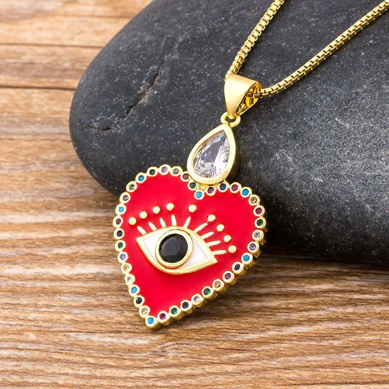 Hot Sale AAA Cubic Zirconia Copper Pendant Necklace Heart Shape Evil Eye Necklace Red/Black/White Colors Choice Women Jewelry