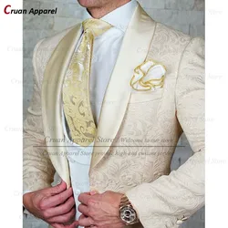 Luxury Beige Jacquard Suits Men Slim Fit Prom Party Wedding Groom Suit Tuxedo Custom Made Champagne Blazer Vest Pants 3 Pieces