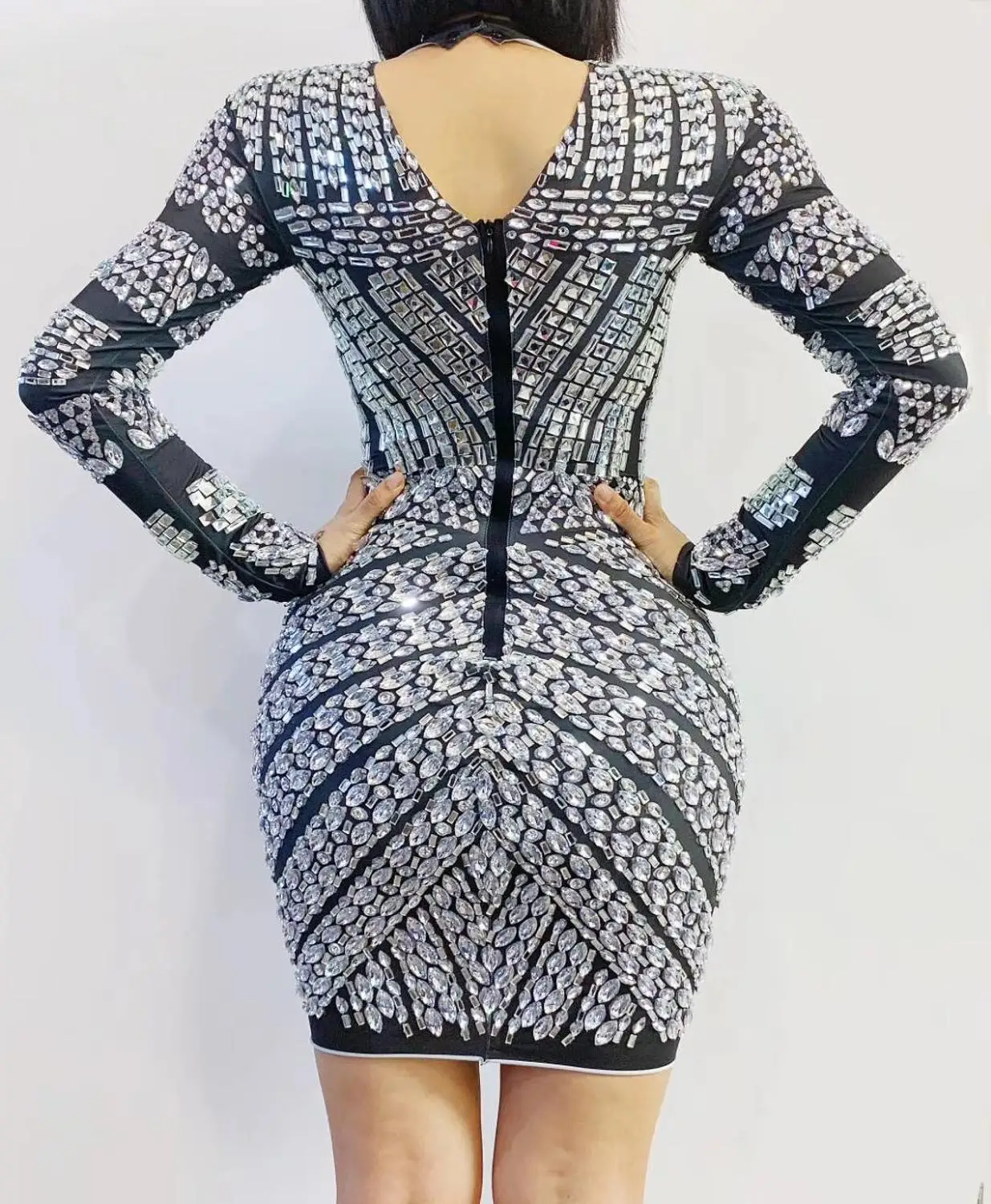 Robe Sexy en cristal Super brillant pour femmes, tenue de soirée d'anniversaire, de bal, à manches longues, moulante, Costume extensible de danse