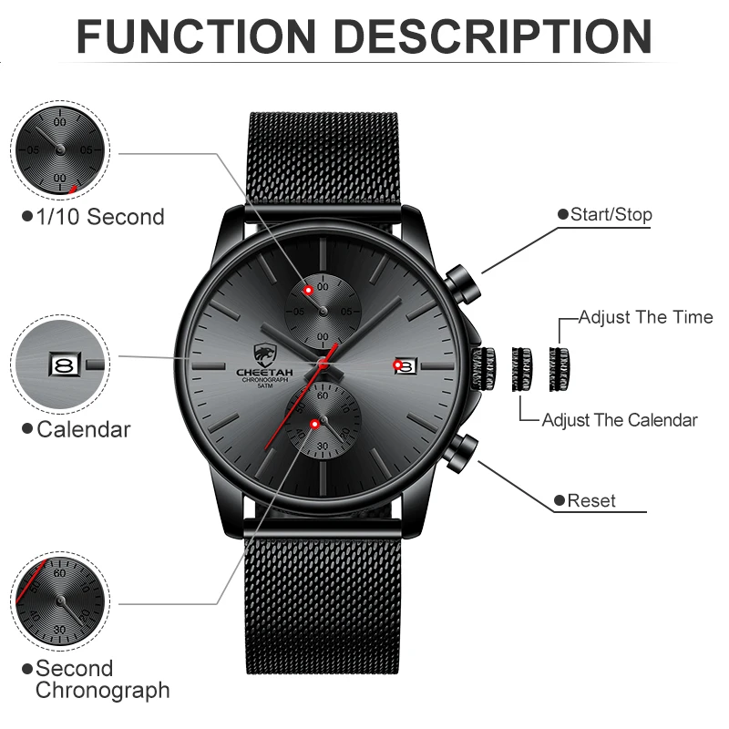 CHEETAH Men Watch Top Brand Fashion Luxury Business Waterproof Wristwatch Chronograph Stainless Steel Wristband Auto Date Clock