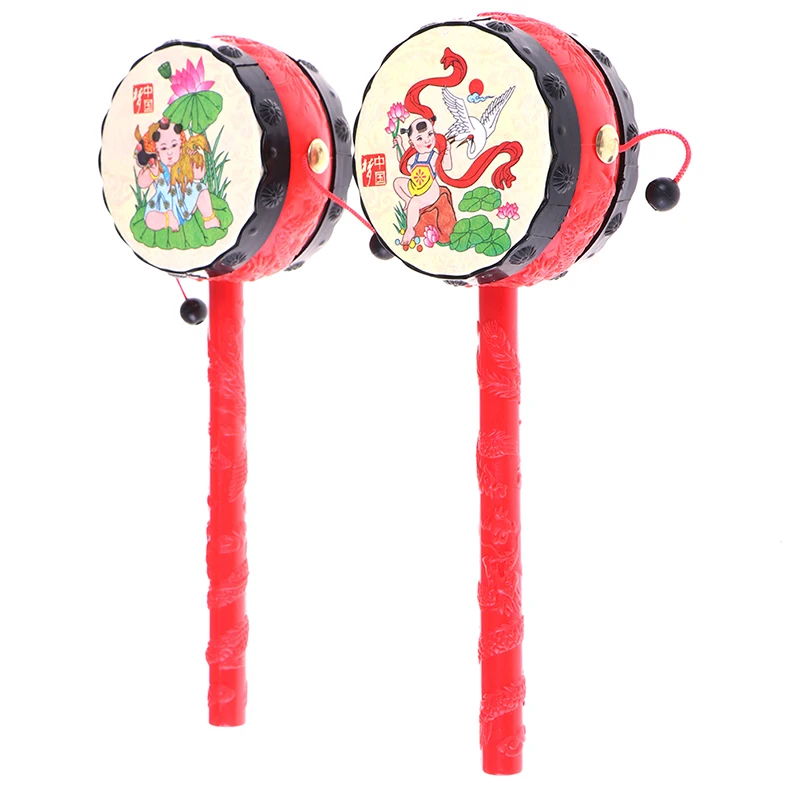 1Pc Chinese Tranditonal Rattle Drum Toy for Baby Boys Girls Red Baby Drum Hammer Rattle Kids Voice Toys Funny Toys Random Print