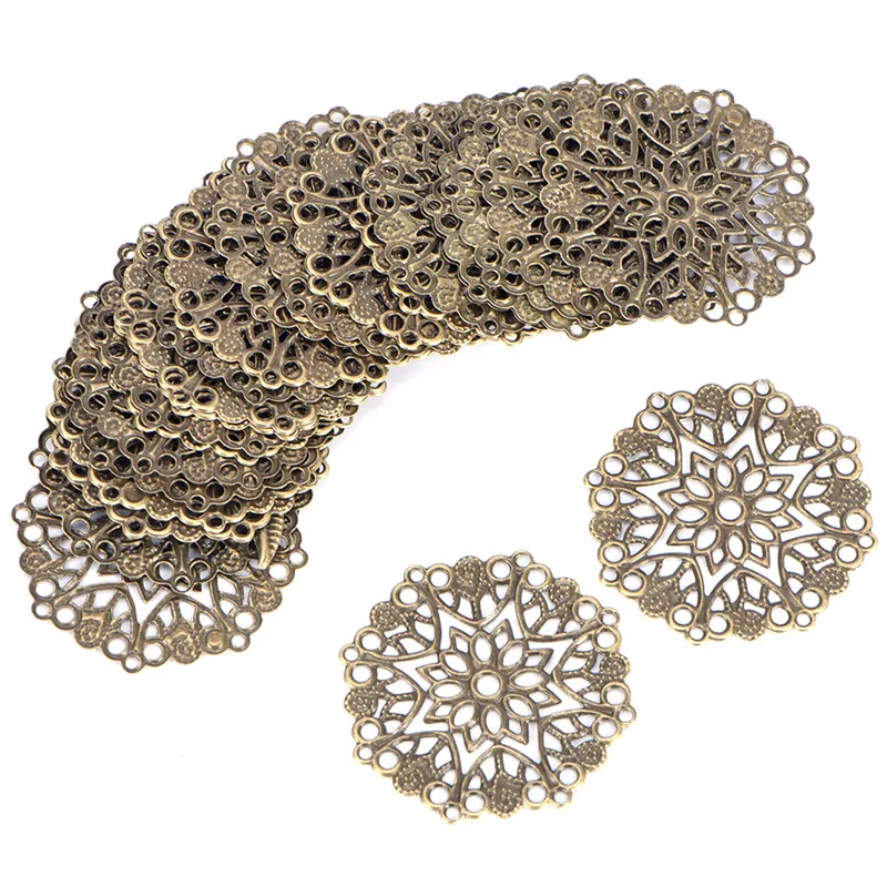 50PCS Doreen Box Filigree Flower Wraps Connectors Iron Alloy Bronze Tone Color For DIY Jewelry Making Findings 35mm Hole:1mm