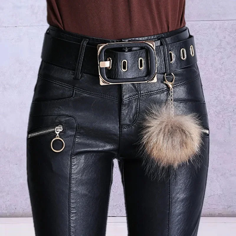 Velvet/No Velvet Leather Pants Women 2022 High Waist Autumn Winter Outer Wear PU Leather Tight-Fitting Pencil Pants Trouser