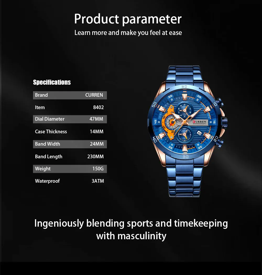 CURREN Männer Uhr Top Marke Luxus Sport Quarz Herren Uhren Voller Stahl Wasserdicht Chronograph Armbanduhr Männer Relogio Masculino – Detail 4