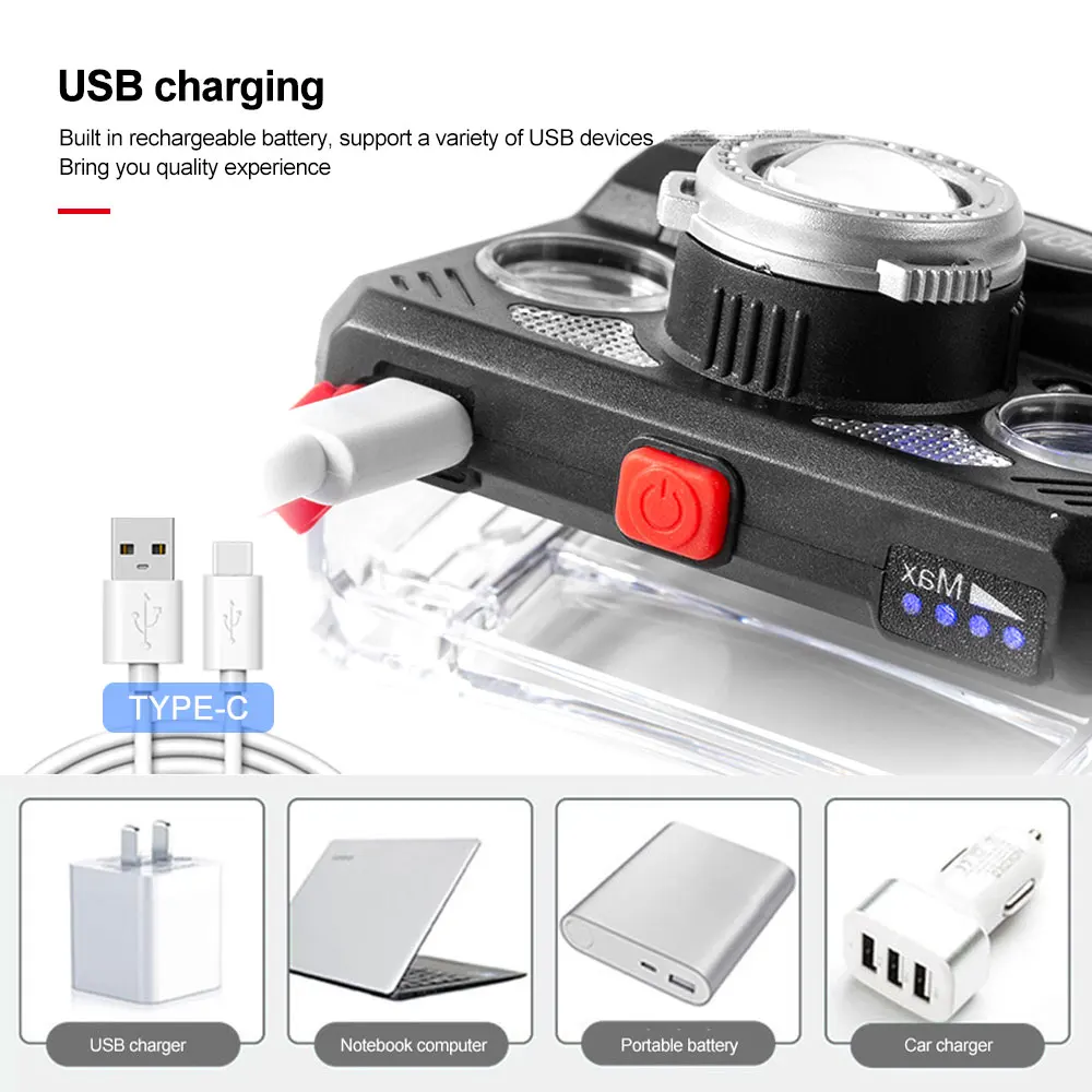 USB carregamento movimento sensor indução farol, 7 modos LED farol forte, foco ajustável, impermeável camping luz, 5LED