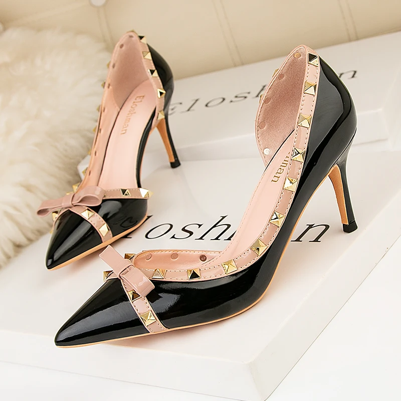 2025 Summer New Lacquer Leather Rivet Pointed High Heels Fashion Side Hollow Shallow Mouth Women's Thin Pumps Single Shoes 34-41