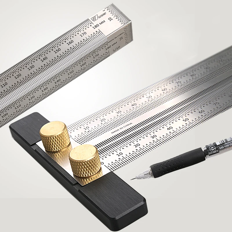 High-Precision Scale Ruler T-Type Hole Ruler Stainless Woodworking Scribing Mark Line Gauge Carpenter Crossed-Out Measuring Tool